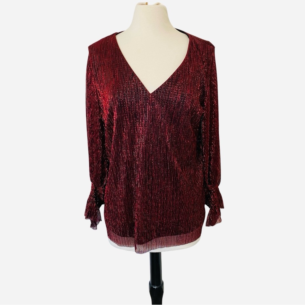 MSK Red Metallic Blouse Womens Large Sheer Sleeve V Neck Party Holiday Top